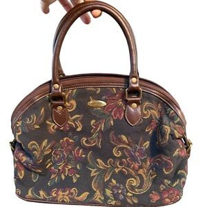 Vintage Liz Claiborne 1990’s Floral Tapestry Satchel with Brown Leather Trim
